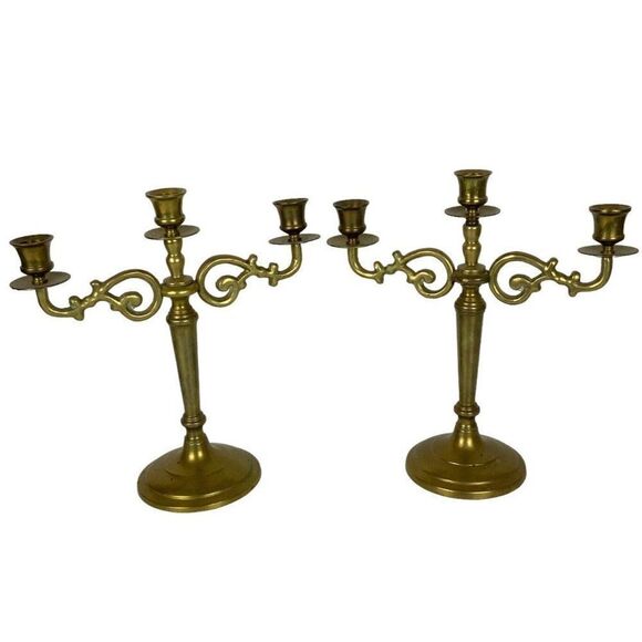 Vintage Gatco Solid Brass Candelabra Pair 3 Arm Candlestick Holders 1980s - Picture 1 of 11